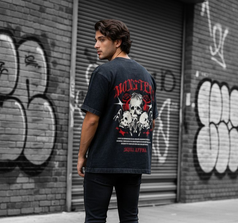 Monsters Skull Graphic Acid-Wash Oversized T-shirt