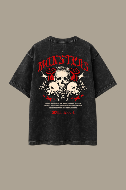 Monsters Skull Graphic Acid-Wash Oversized T-shirt