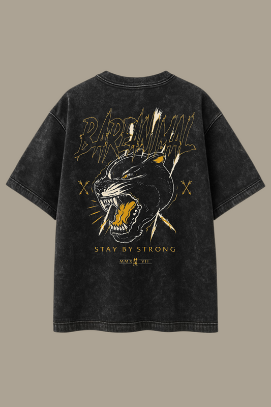 BAREANIMAL “Stay By Strong” Oversized Black Acid-Wash T-shirt